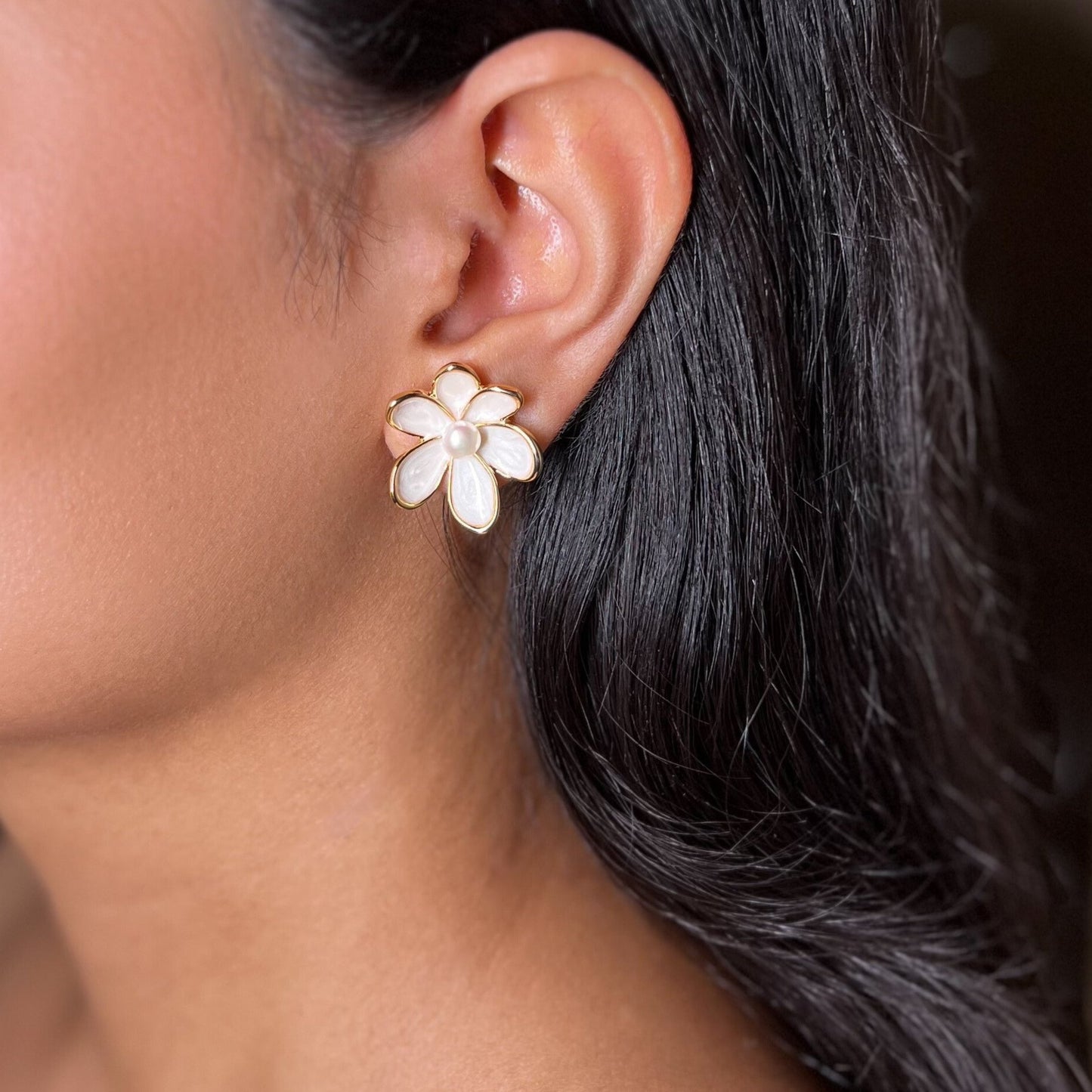 Pearl Hearted Flower Studs (White) - 18k Gold Plated